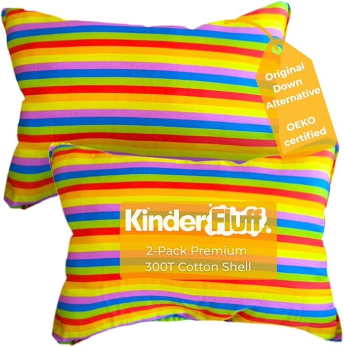 Kinder Fluff Mini Toddler Pillow (2Pk) 10x15in – First Pillow for Kids Age 2+, Bright Rainbow Design, 100% Cotton Sateen Stripe 300T, Down Alternative Fill, Machine Washable, Colourful Kids Cushion XS