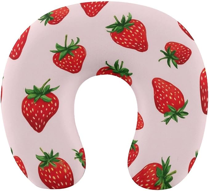 Women’s Travel Pillow U-Shaped Memory Foam Neck Rest, Strawberry Fruit U-Shape, Washable Airplane Car Support