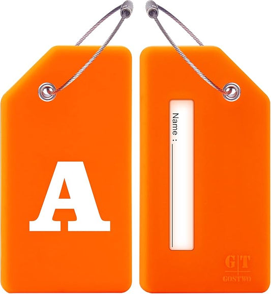 Gostwo 2 Pack Silicone Luggage Tags for Suitcases, 26 Initial Letter Baggage Labels Handbag School Bag Suitcase Instrument Tag with Stainless Steel Loop(Orange)(Letter A)