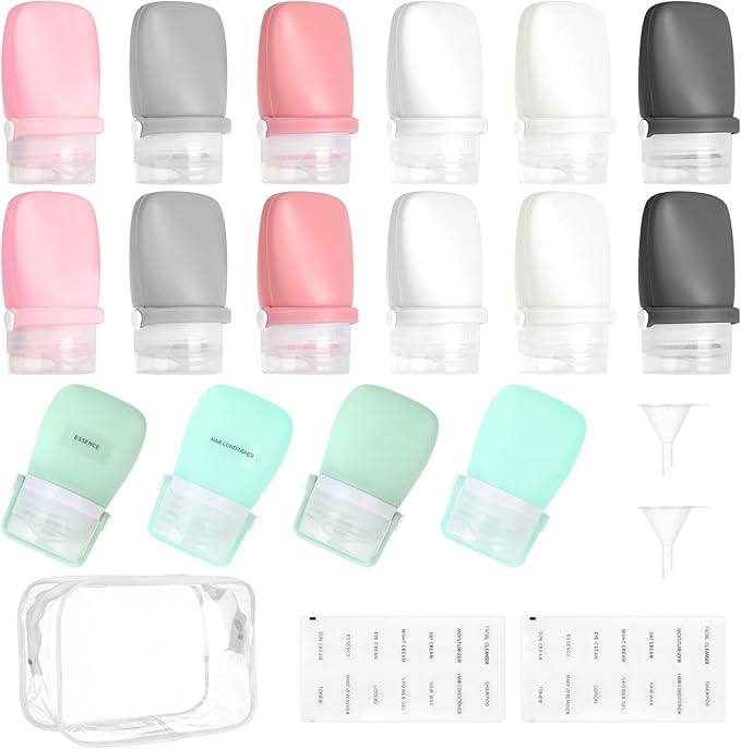 1oz Silicone Travel Bottles for Toiletries,16-Pack TSA Approved Leakproof Toiletry Bottles with Locking Lid, Refillable Travel Size Containers with Storage Bag for Shampoo, Body Wash, Camping & Trips