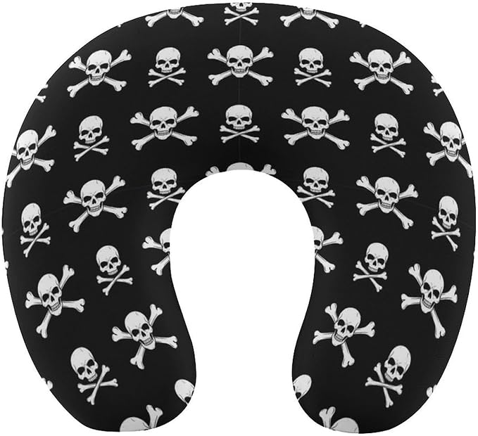 Luxurious Memory Foam U-Shape Pillow, Skull and Crossbones U-Shaped, Neck & Head Support for Travel Airplane Office Sleep, Washable Cover Comfort