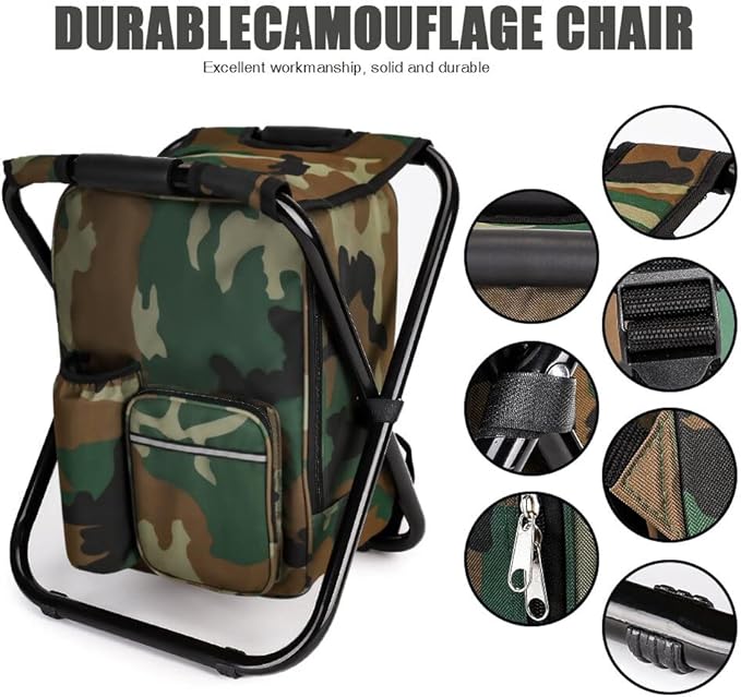 Large Size Portable Hiking Camouflage Camping Stool, 3 in1 Multifunction Fishing Backpack Chair, Folding Camping Chair Stool with Cooler Insulated Picnic Bag