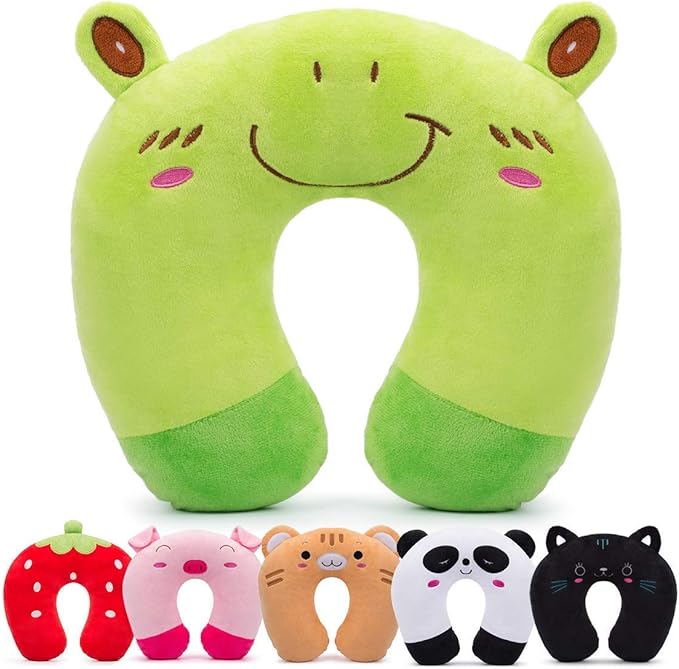 H HOMEWINS Travel Pillow for Kids,Cute Animal Neck Pillow for Boys Girls,Soft Neck Head Chin Support Pillow,Travel Accessories for Airplane, Car, Train,Recline(Frog)