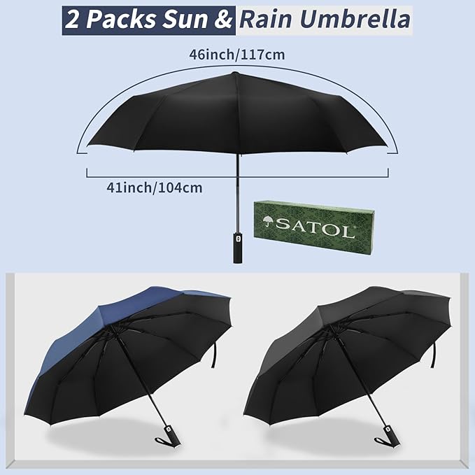Satol Compact Umbrellas Automatic Open/Close, 46 Inch Windproof Travel Umbrellas, 10-Rib Umbrella for Rain, UPF 50+ UV Protection Sturdy Folding Umbrella