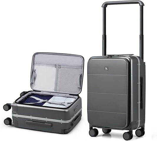 Hanke Top Opening Carry On Luggage, 20 Inch Zipperless Aluminum Frame Wide Handle Luggage, All-PC Hard Shell Trunk Suitcase with Spinner Wheels, TSA Airline Approved (Graphite Grey, 40L)