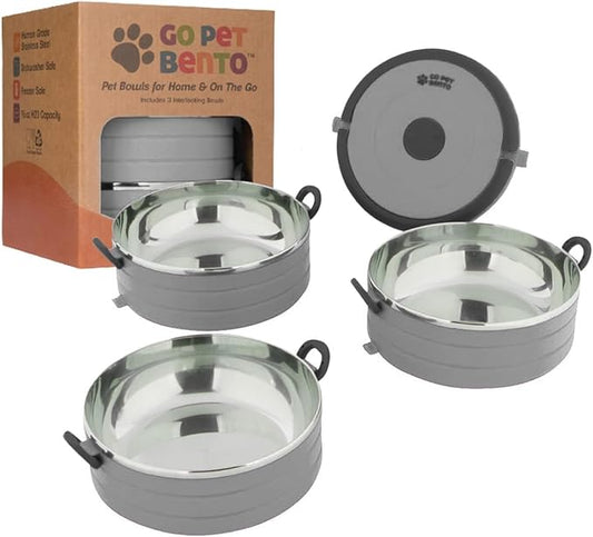 Healthy Human Travel Pet Bento Bowls - Human-Grade Stainless Steel & BPA-Free, Leak-Proof Water & Food Container Set for Dogs & Cats, 4-Pack Interlocking Bowls, Includes Spare Clips & Handle (Gray)