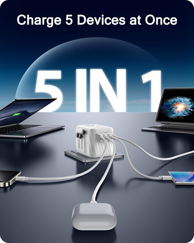 LENCENT Universal Travel Power Adapter, International AC Plug Adaptor with 3 USB A Ports 1 Type C PD Wall Charger Worldwide Travel Essentials for US to EU UK Ireland Australia (Type C/G/A/I) White