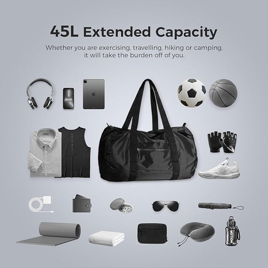 pack all 45L Foldable Duffel Bag, Water-Resistant Sports Gym Bag, Portable Weekender Bag Lightweight for Travel, Fitness and Camping (Black)