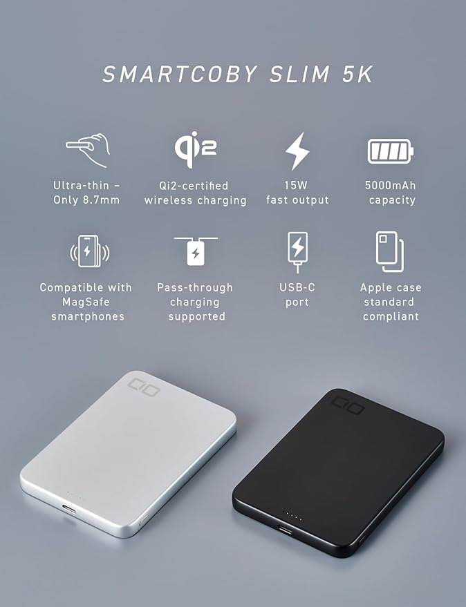 CIO Qi2 Magsafe Charger, 5000mAh Ultra-Slim Magnetic Wireless Charger iPhone, Magsafe Battery Pack, 15W Wireless + 20W USB-C PD iPhone Magnetic Fast SMARTCOBY Slim 5K (Black, Safety Model)