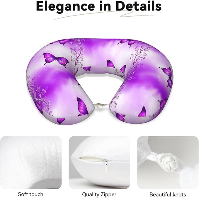 Comfortable Memory Foam Neck Pillow Purple Butterfly Art, Travel U Shaped Airplane/Car/Flight Pillows with Removable Zipper Cover, Chin Head Neck Support Cushion