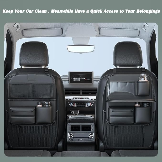 Car Backseat Organizer with Foldable Table Tray,Hanging Storage Bag with Touch Screen Phone Holder,Premium PU Leather Material,Compatible with Most Vehicles,Inner Car Accessories