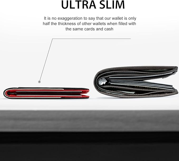 GSOIAX Mens Slim Wallet for Men Minimalist Genuine Leather Carbon Fiber Rfid Blocking Bifold Credit Card Holder With Gift Box (Black and Red)