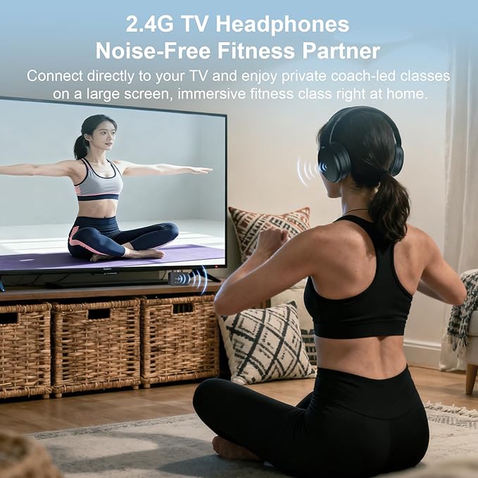 Wireless Headphones for TV, Bluetooth & 2.4G Dual-Mode Headphones with Transmitter Box, 5 Equalizer Presets with Clear Dialogue, Built-in mic for Calls, TV Ear Headsets, Black