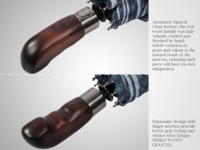 Balios Travel Folding Umbrella with Real Wood Handle Auto Open Close Vented Windproof Canopy - Designed in UK