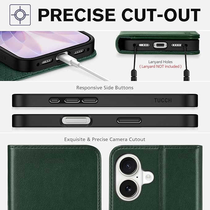 TUCCH Wallet Case for iPhone 17 (6.3") 2025, 3 Credit Card Holders, RFID Blocking, Stand, PU Leather, Shockproof TPU Interior Shell, Protective Flip Folio Cover, Midnight Green