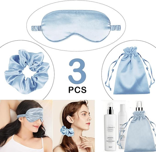 3Pcs Satin Eye Mask Silk Sleep Masks Set Silky Blindfold Eyeshade Blackout Eyes Cover Pouches Bag Scrunchy Wedding Gift