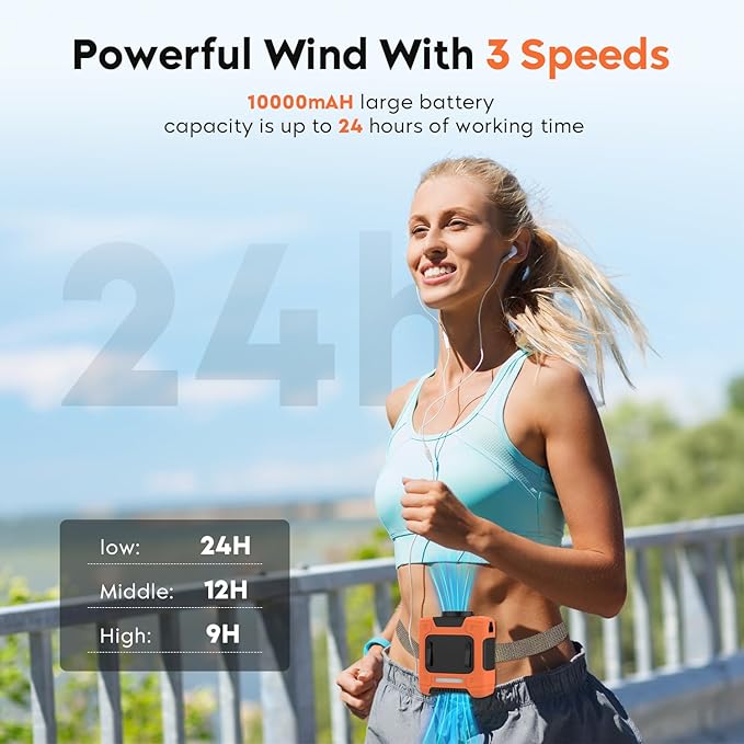Portable Waist Fan 18000RPM Strong Airflow Waist Fan Belt fan With Max 12H Working Time 3 Speeds adjustment With LED flashlight Rechargeable Personal Fan for Outdoor Jobsite(Orange)