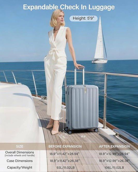 Hanke 26 Inch Expandable Luggage Top Opening Checked Bag Luggage Hard Shell Suitcases with Wheels Lightweight Travel Luggage Heavy Duty Luggage Suitcase with Lock for Woman Men-Grey