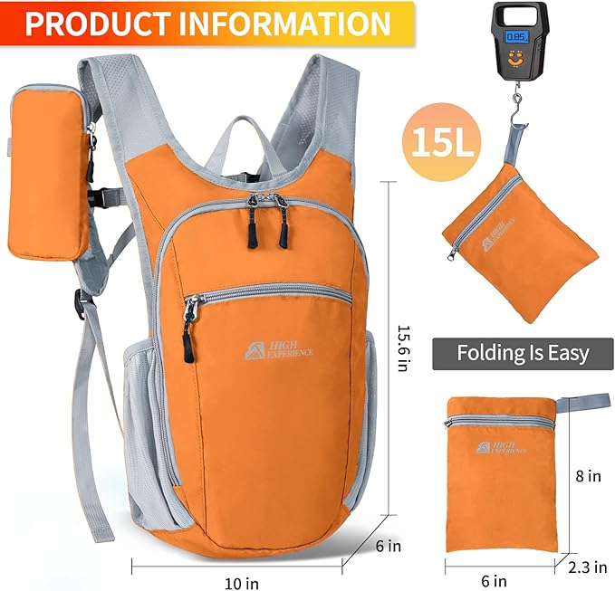 HIGH EXPERIENCE Hiking Backpack 10L/15L Small Daypack Lightweight Packable Travel Foldable Water Resistan for Women Men (Orange, 15L)