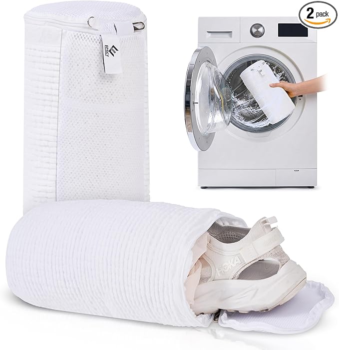 EPSCY Shoe Washing Machine Bag 2 Pack - Reusable Deep Clean Sneaker Bags - Fits All Shoe Sizes & Types, Self-Locking Zipper, Protects Machine (White)