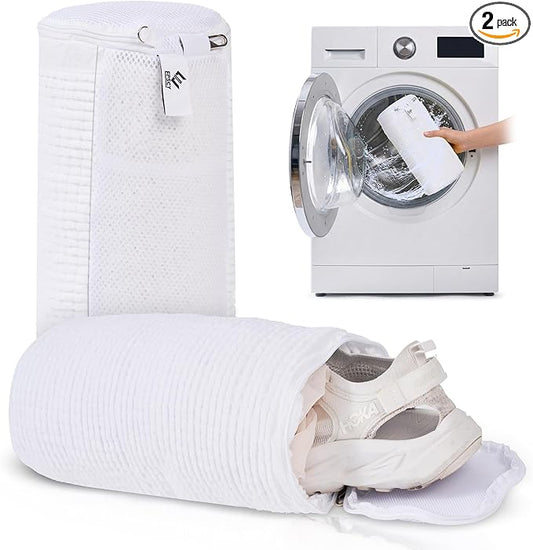 EPSCY Shoe Washing Machine Bag 2 Pack - Reusable Deep Clean Sneaker Bags - Fits All Shoe Sizes & Types, Self-Locking Zipper, Protects Machine (White)