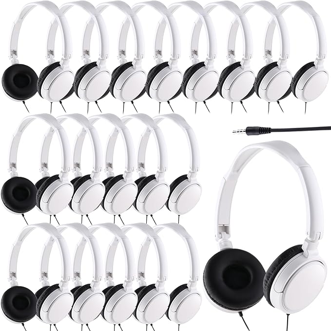 Yunsailing 18 Pack Classroom Headphones Bulk Student Wired Class Headphones Set for School with Individually Wrapped Adjustable Over Ear Head Earbuds (White)