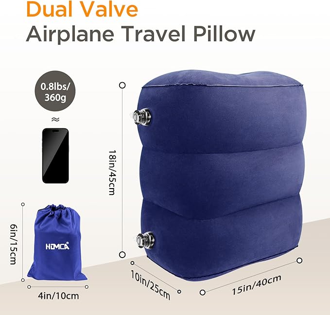 HOMCA Inflatable Travel Foot Rest Pillow (2-Pack) Adjustable Height Leg Pillow Fast Inflating Airplane Bed for Toddlers Footrest Pillow for Office, Airplane, Train, Cars, Home (Grey)