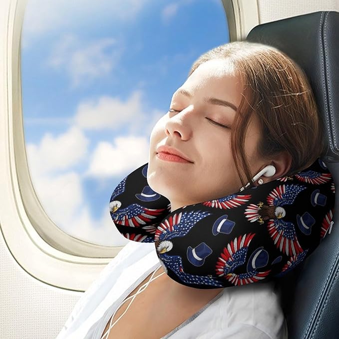 Travel Neck Pillow Memory Foam U Shaped Cushion Bald Eagle Patriotic American Flag, Washable Cover for Airplane Car Office Home Sleeping Pain Relief