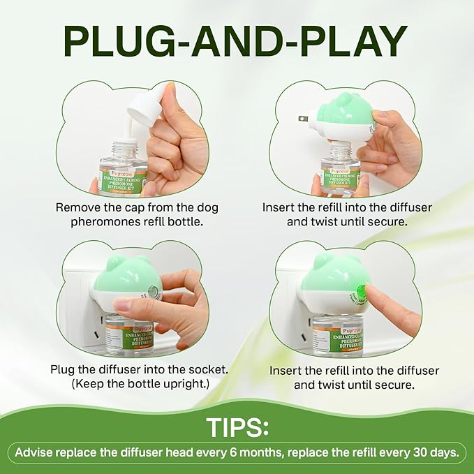 Dog Calming Diffuser with Timing Functions, 6-in-1 Dog Anxiety Relief Diffuser Kit, 120-Day Anxiety Relief, Stress Relaxation Pheromones Calming for All Dogs (2 Diffusers + 4 Refills)