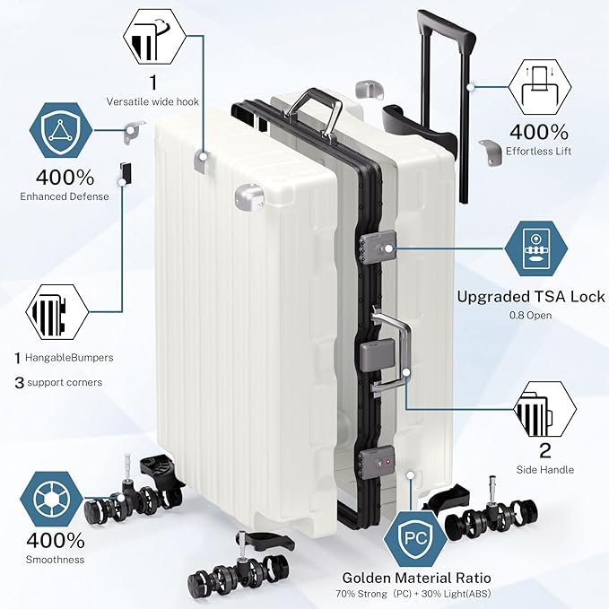 Krute Luggage 28 Inch Aluminum Frame Luggages TSA Lock No Zipper Checked Suitcase with Spinner Wheels Hard Shell Lightweight PC+ABS Large Suit Case