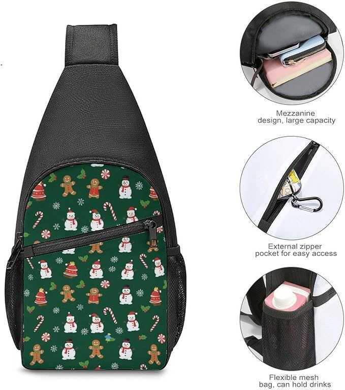 SWEET TANG Chest Bag for Men Women Green Gingerbread Sling Shoulder Backpack Fashion Daypack, Outdoor Sport Adjustable Zippered Crossbody Bag with Large Capacity