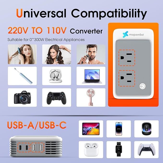 220V to 110V Voltage Converter US to Europe for Curling Iron and Hair Straighteners, Power Converter for European Travel Plug Adapter with 2 USB A & 2 USB C Ports (Type C-Europe)