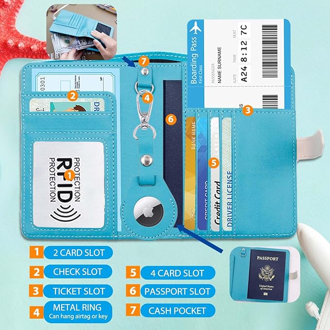 Passport Holder with Airtag for Women/Men,Airtag Passport Wallet for Travel,Cute Passport Holder Rfid Blocking,Travel Wallet for Cards Passport Cover Case (Blue)