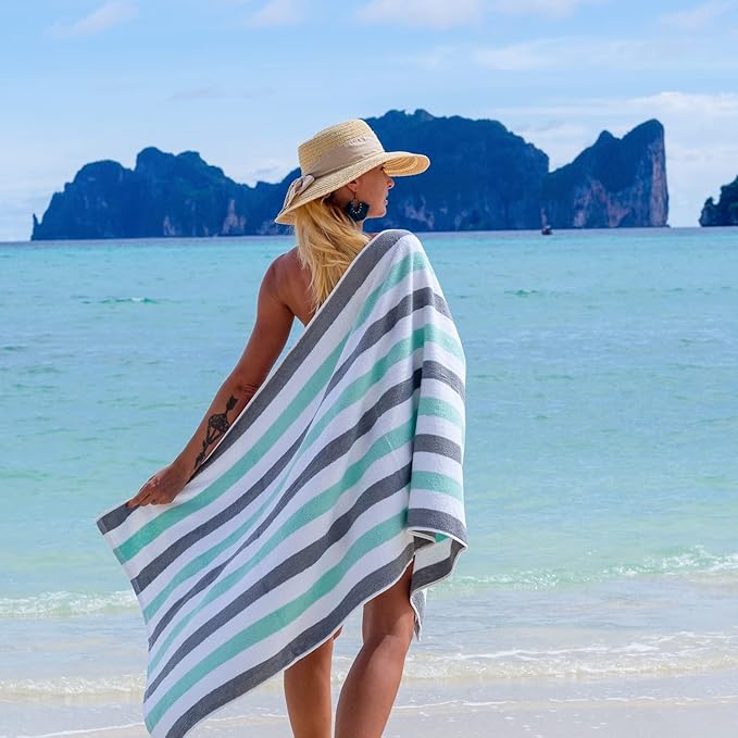 Arkwright Cabo Cabana Stripe Beach Towel - Pack of 4 - Large Soft Quick Dry Cotton Terry Towels for Pool, Swim, and Hot Tub, Oversized 30 x 70 in, Grey/Mint