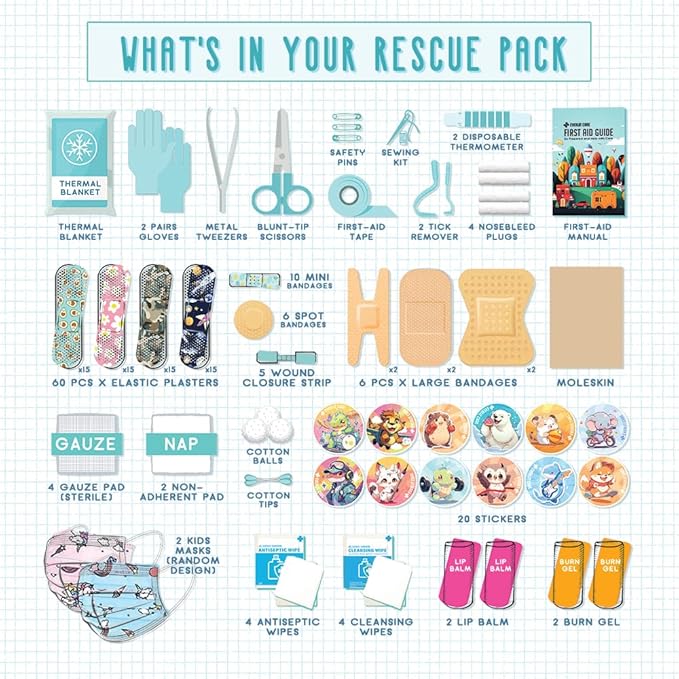 EVERLIT Care Rescue Pack | Family-Friendly First Aid Kit for Kids with 200 Pcs Medical Supplies | Travel-Friendly Compact Storage Bag for Home, Car, Travel, Camping, Adventure (Camping)