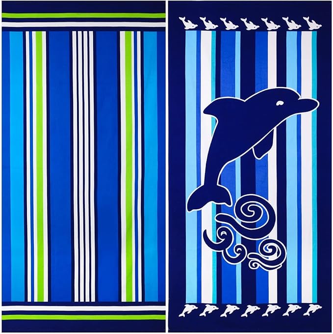 2 Packs Oversized Beach Towel Set 36 x 72 in XL Extra Large Big Soft Clearance Pool Swim Camping Travel Terry Towels Blanket for Adult Cruise Lounge Chair Cover Gift Women Men Blue Striped Dolphins