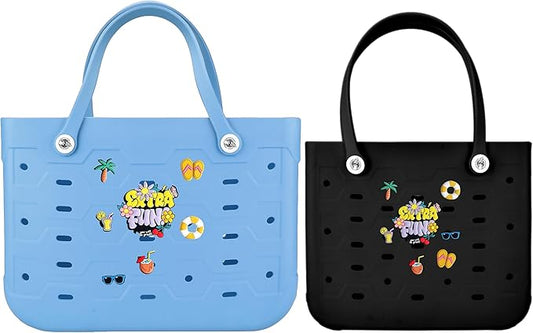 2-Piece Tote Bag Set, Waterproof Rubber Beach Bag with Summer Pattern, Medium & Large Handbag for Pool, Beach, Boat