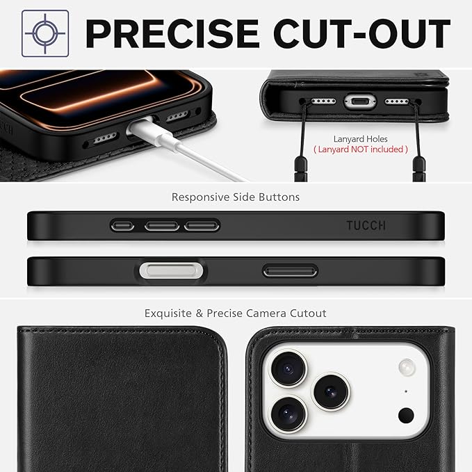 TUCCH Case Wallet for iPhone 17 Pro Max (6.9") 2025, RFID Blocking 3 Card Holders | Kickstand | PU Leather | Protective Flip Folio Cover | TPU Shockproof Interior Shell | Black
