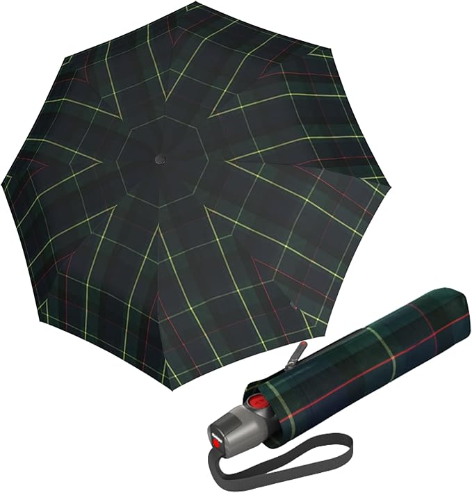 Knirps T.200 Duomatic Compact Rain Umbrella in Check Hunter– Wind Tunnel Tested to 93 mph, Aluminum Steel Fiberglass Frame, 38in Canopy, OEKO-TEX, High-Performance Automatic Travel Umbrellas