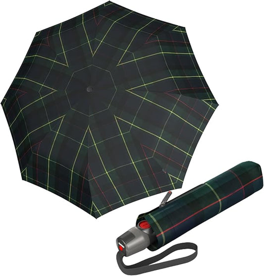Knirps T.200 Duomatic Compact Rain Umbrella in Check Hunter– Wind Tunnel Tested to 93 mph, Aluminum Steel Fiberglass Frame, 38in Canopy, OEKO-TEX, High-Performance Automatic Travel Umbrellas