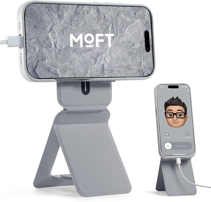 MOFT Phone Stand, Magnetic Phone Tripod Stand Stain-Resistant MOVAS Leather & Angle Adjustment & Strong Magnets Tripod for iPhone 17/16/15/14/13/12 (Included Metal Ring)-Cement