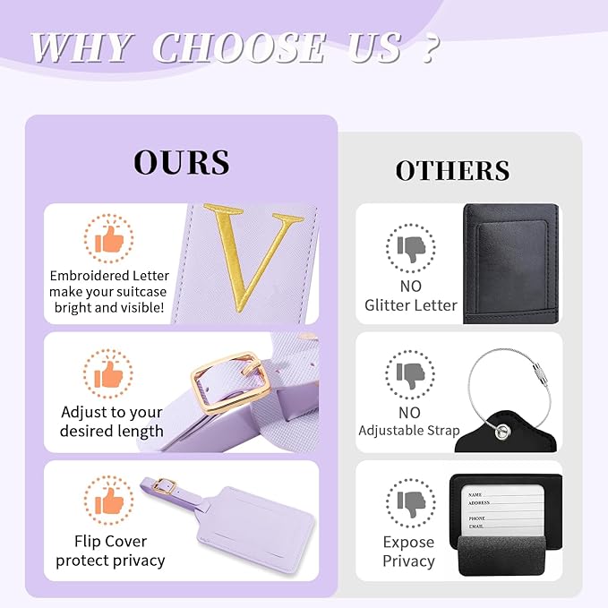 Personalized Initial Luggage Tags for Suitcase, Purple Leather Cute Luggage Tags with Privacy Cover Name Card, Embroidered Custom Monogrammed Luggage Tag Travel Backpack Tags Gifts for Women Kids(V)