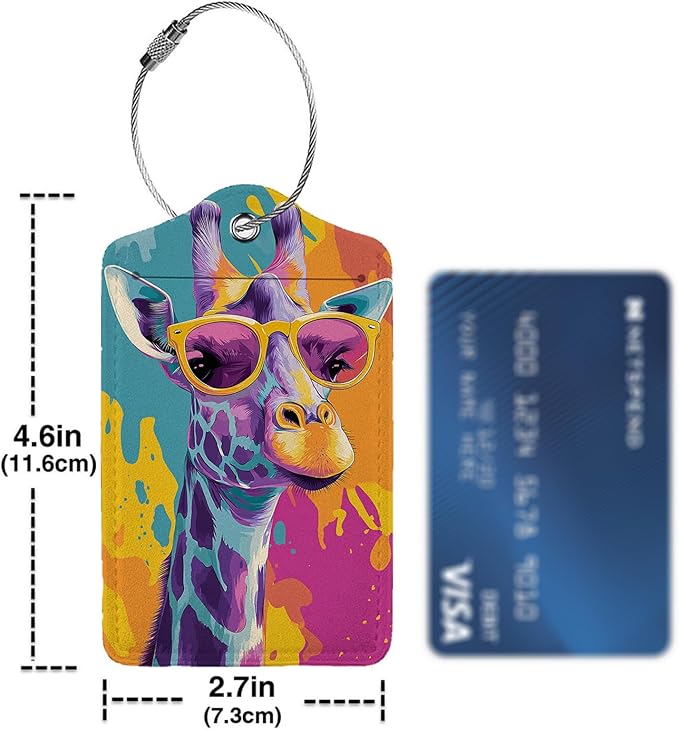 Funny Giraffe 3 Pack Luggage Tags, PU Leather Luggage Tags for Suitcase,Name ID Labels with Privacy Cover Suitcases and Metal Loop for Travel Bag Suitcase