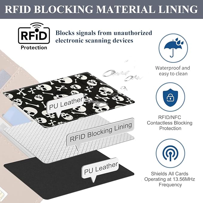 Passport Holder for Travel Essentials, RFID Premium Leather Passport Wallet Cover Case for Travel Must Haves Accessories, Passport Book Holders for Women Men Black White Skulls