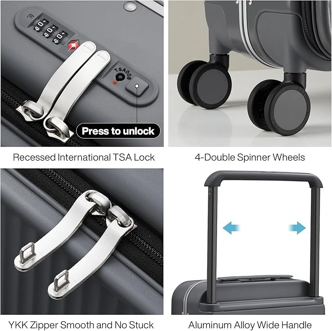 mixi Luggage Suitcases with Spinner Wheels 24'' Travel Luggage with Front Laptop Pocket, Wide Handle PC Hardshell Suitcase with TSA Lock, Checked Luggage(Rock Grey)