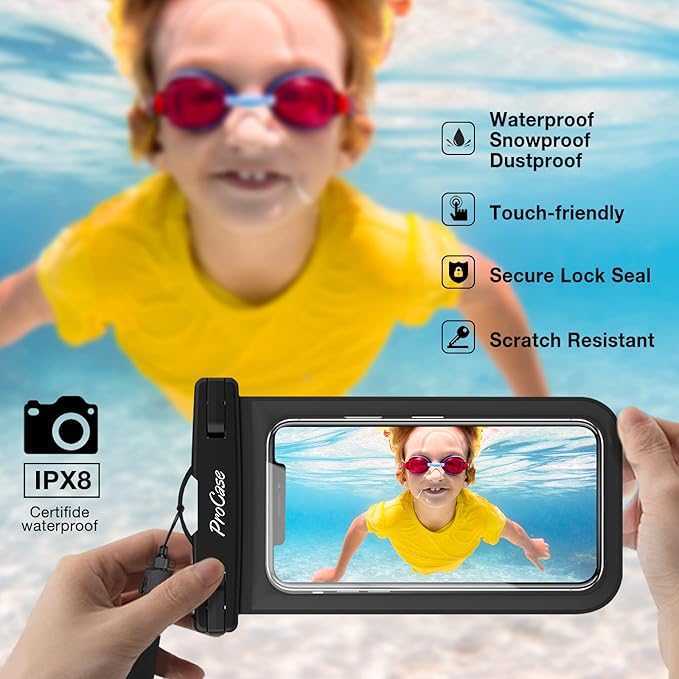 ProCase 2 Pack Waterproof Phone Pouch Case, 7" Universal Underwater Cellphone Dry Bag for iPhone 17 Air 16 15 14 13 Pro Plus Max 12 11, Galaxy S24 S23 S22 Ultra Pixel -Black