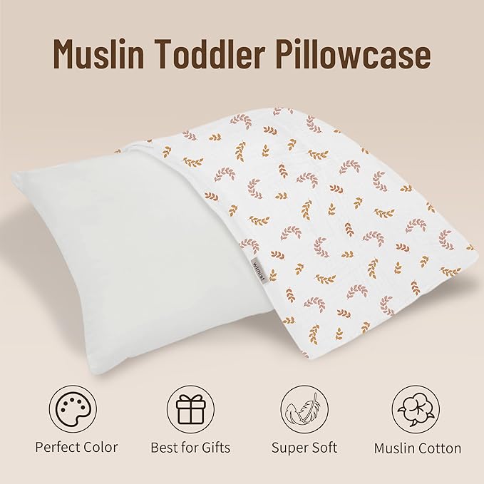 Toddler Pillowcases for 13"x18" Pillow 2 Pack, Muslin Small Toddler Baby Kids Travel Pillow Covers for Boys Girls with Envelope Closure (Brick & Leaf, 13 x 18 Inch)