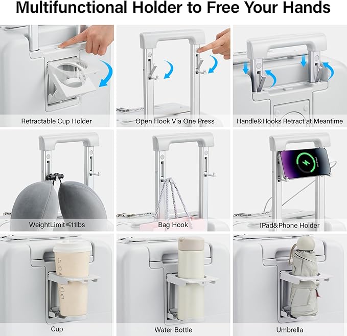 Hanke 28 Inch Luggage with Cup Holder and Charge,Top Opening Hard Shell Suitcases with Wheels and Dividers,Aluminum Frame Trunk Luggage Extra Large Suitcase with Lock for Travel,Smoke White