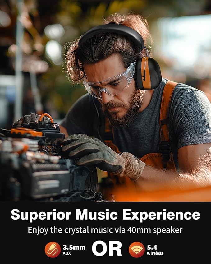 Bluetooth 5.4 Hearing Protection Headphones with 120H Working Time, 30dB SNR, Superior Stereo Sound Quality, Larger Buttons for Easy Operation, Safety Ear Muffs for Lawn Mowing, Workshops