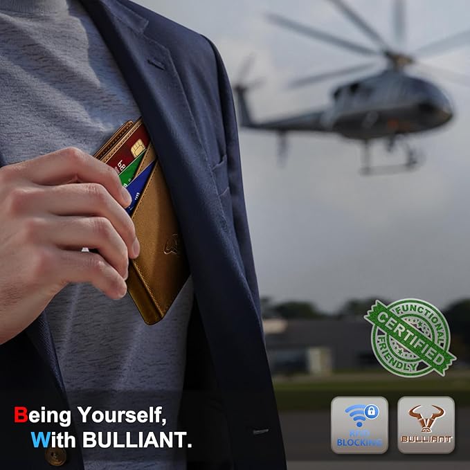 BULLIANT Men Wallet,Top Grain Leather Slim Wallet Magnetic Closure Simplifed Bill Folder RFID Blocking 11Cards